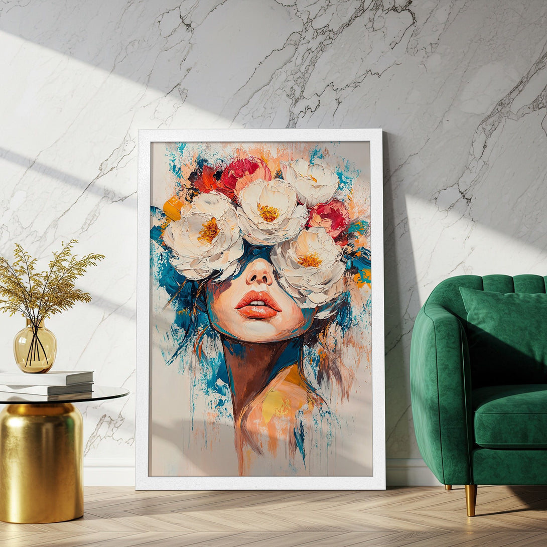 Framed Poster featuring a woman with floral crown, vibrant abstract art style, and a colorful palette of blues, oranges, and whites.