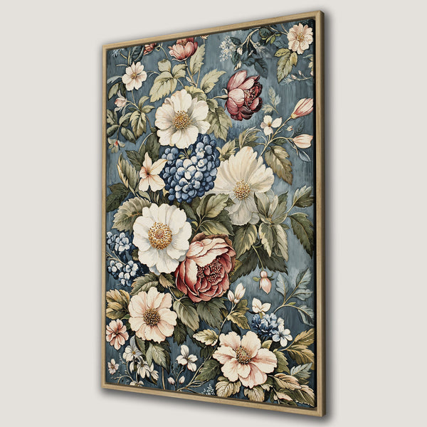 Framed Wall Art featuring a vintage floral design with a blue, cream, and red color palette. Perfect for adding a touch of elegance to your home decor.