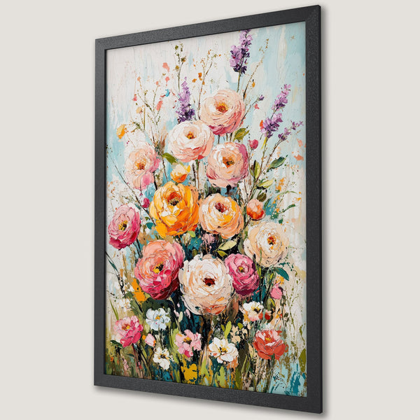 Framed Poster featuring a vibrant floral oil painting. Soft pink, orange, and purple blooms on a light blue background. Perfect wall art.