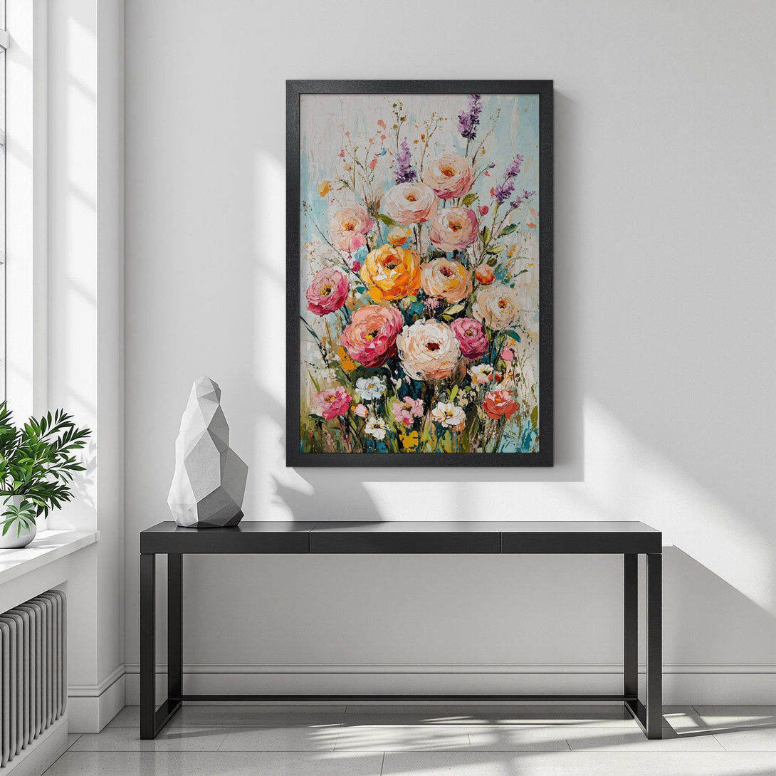 Framed Poster featuring a vibrant floral bouquet. Impressionistic style with a warm, colorful palette of pinks, oranges, and blues. Perfect wall art!
