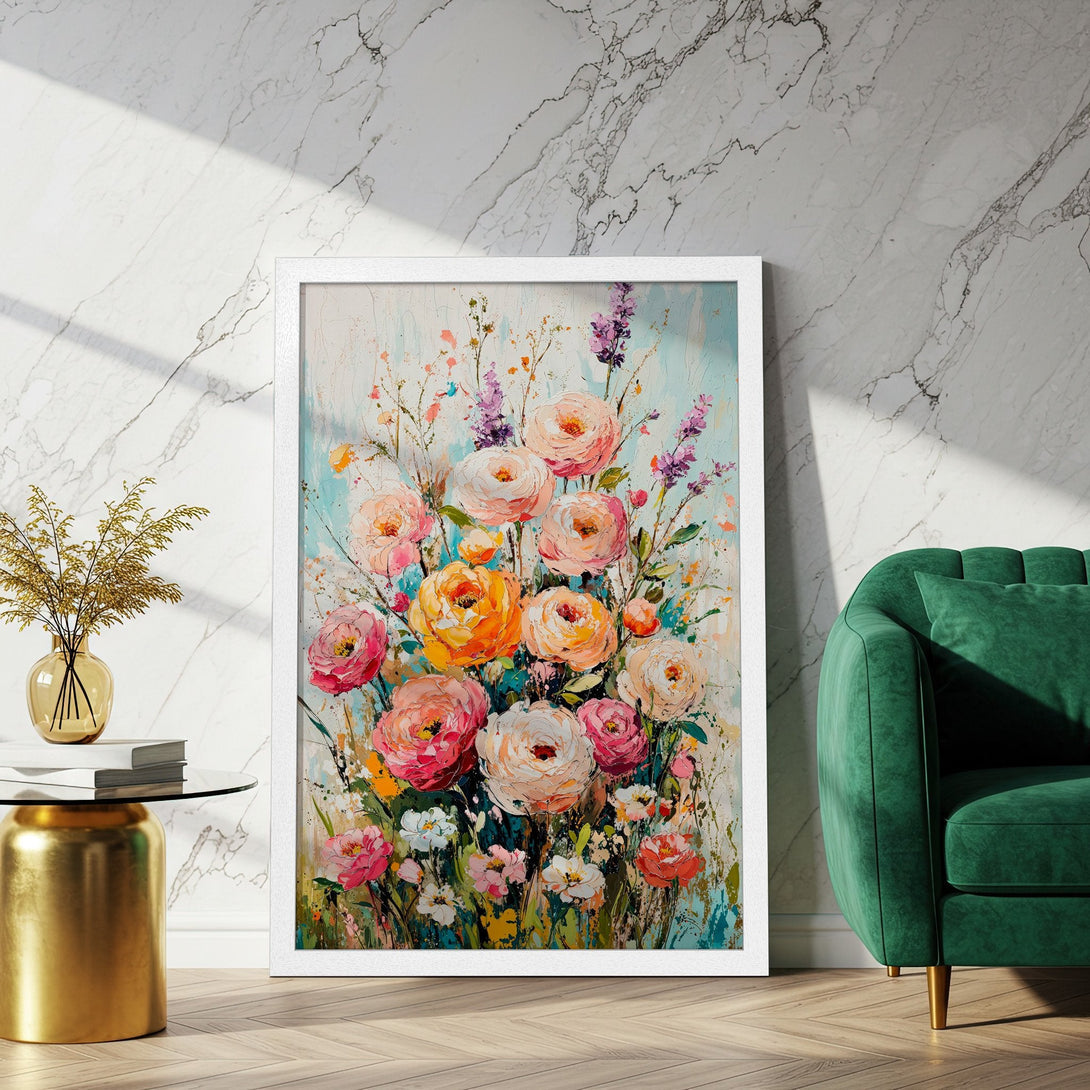 Framed Poster featuring a vibrant floral painting in impressionistic style with a warm, colorful palette. Perfect wall art!