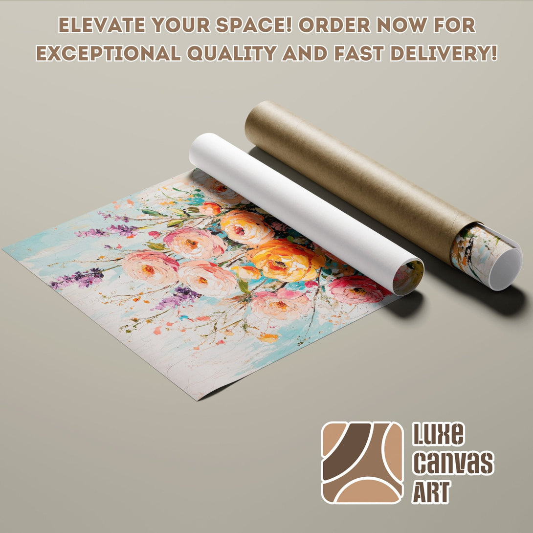 Floral Poster Roll, impressionist style art with pink, orange, and blue color palette. Perfect for home decor!