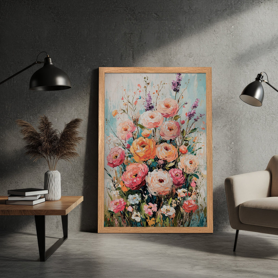 Framed Poster featuring a vibrant floral painting in a modern, impressionistic style. Warm peach, pink, and blue color palette.