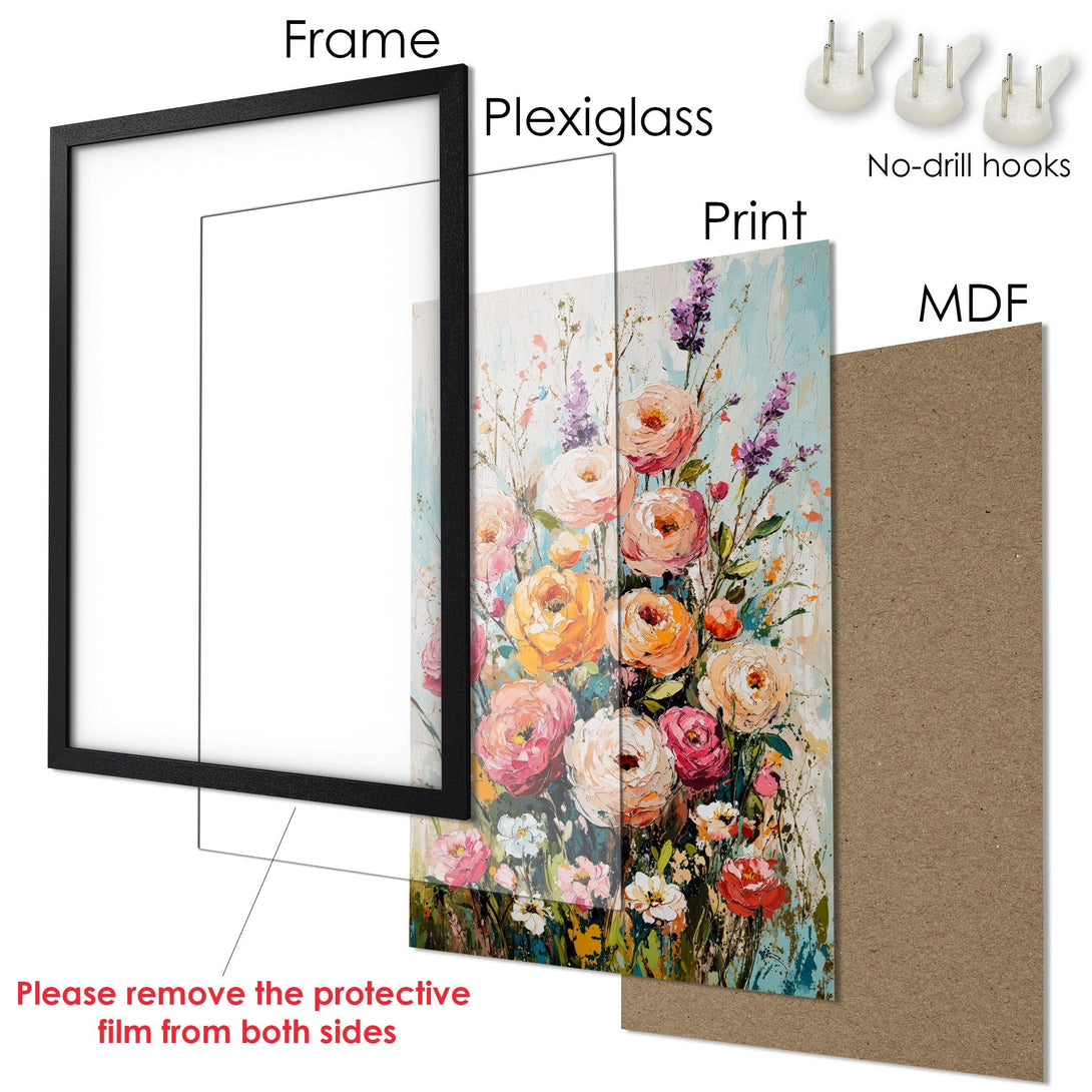 Framed Poster featuring a floral painting in a vibrant, impressionistic style with a warm, colorful palette. Perfect wall art!