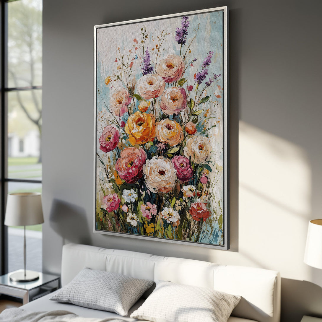 Framed Wall Art: Floral painting in warm tones. A beautiful canvas print with a bouquet of roses in pink, orange, and yellow. Perfect for home decor.