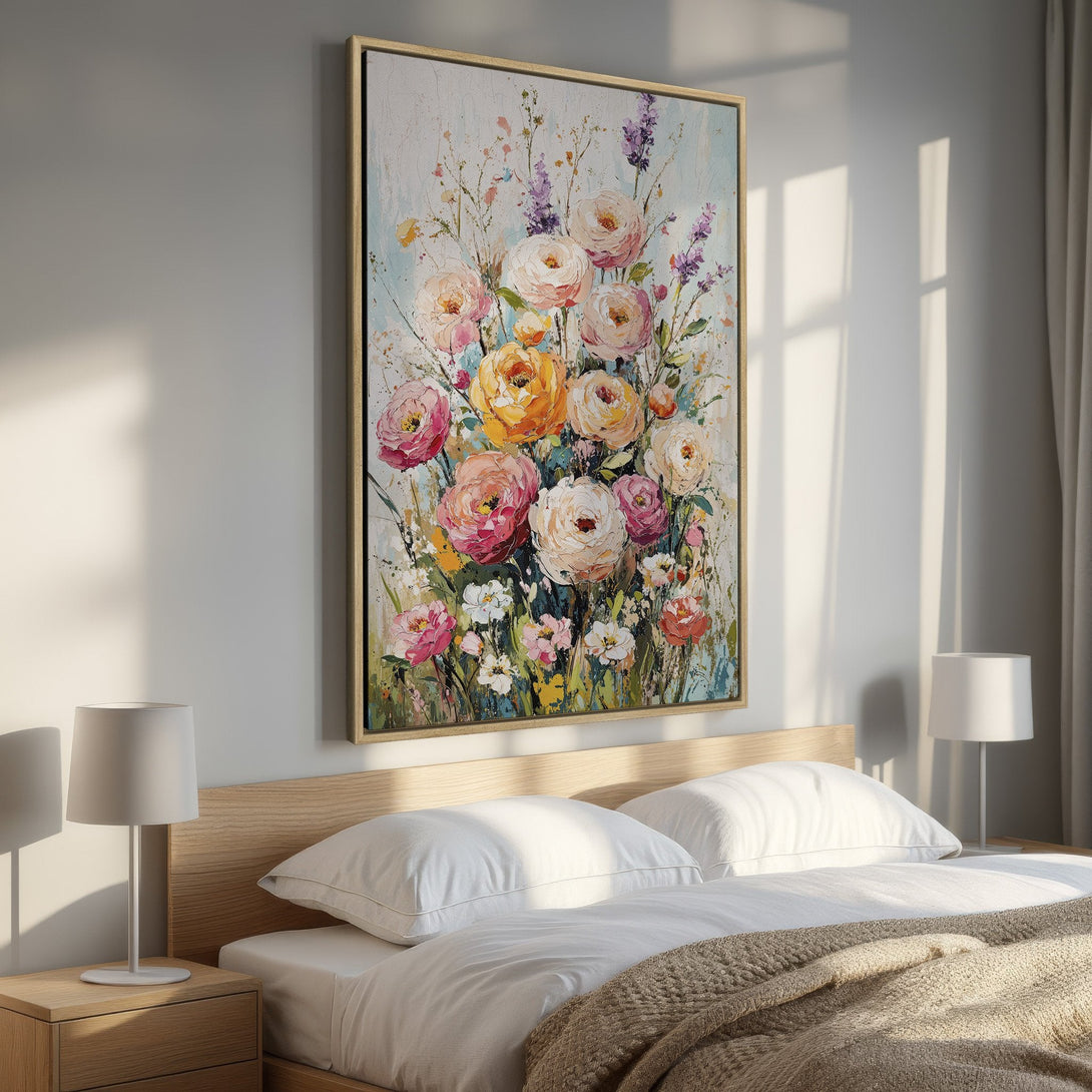 Framed Wall Art: Floral painting with a warm, pastel color palette. Adds a touch of elegance and charm to any bedroom. Shop now!