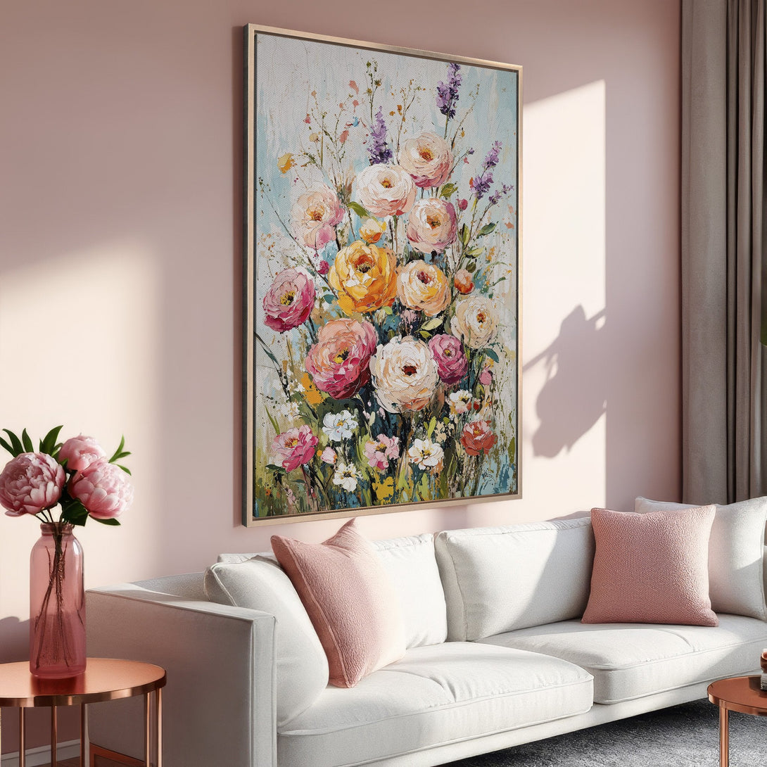 Framed Wall Art: Floral painting in pastel hues, perfect for adding a touch of elegance to your home. Featuring pink, yellow, and lavender blooms.