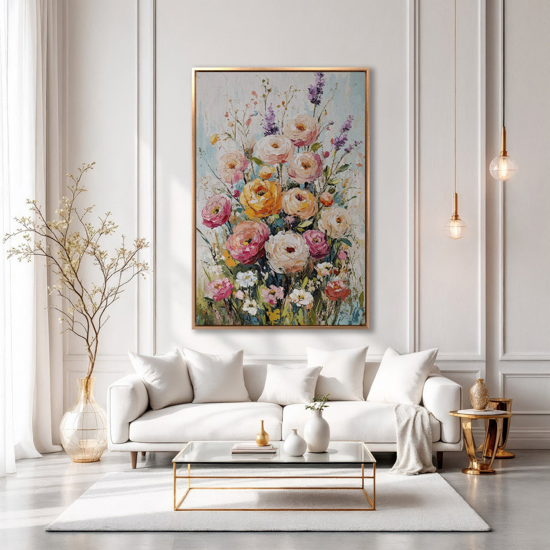 Framed Wall Art: Floral painting in warm tones of pink, orange, and yellow. Adds a touch of elegance to any interior. Shop now and elevate your space!