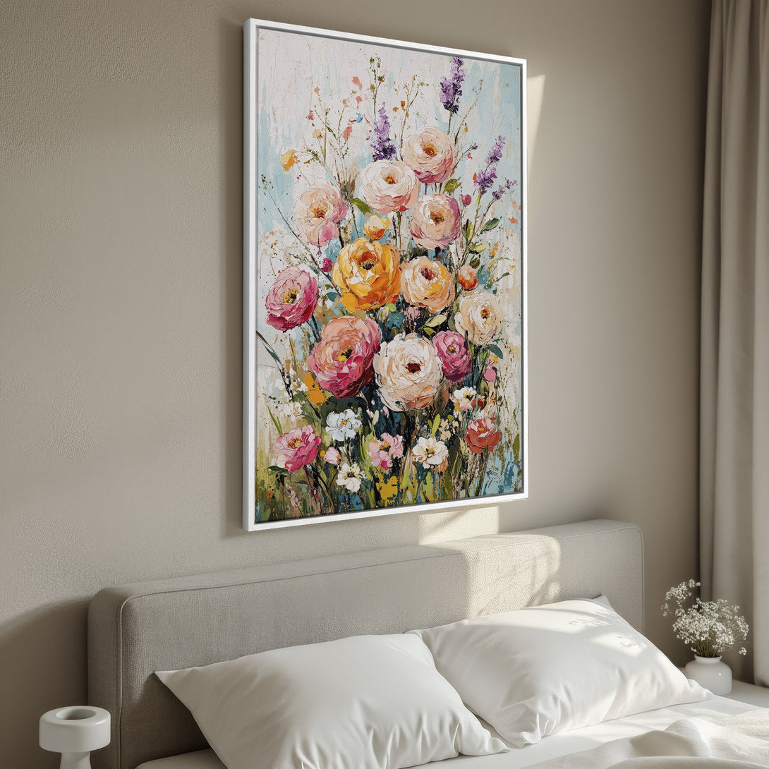 Framed Wall Art: Floral painting in warm tones. Impressionistic style Canvas Print of colorful roses, perfect for bedroom decor.
