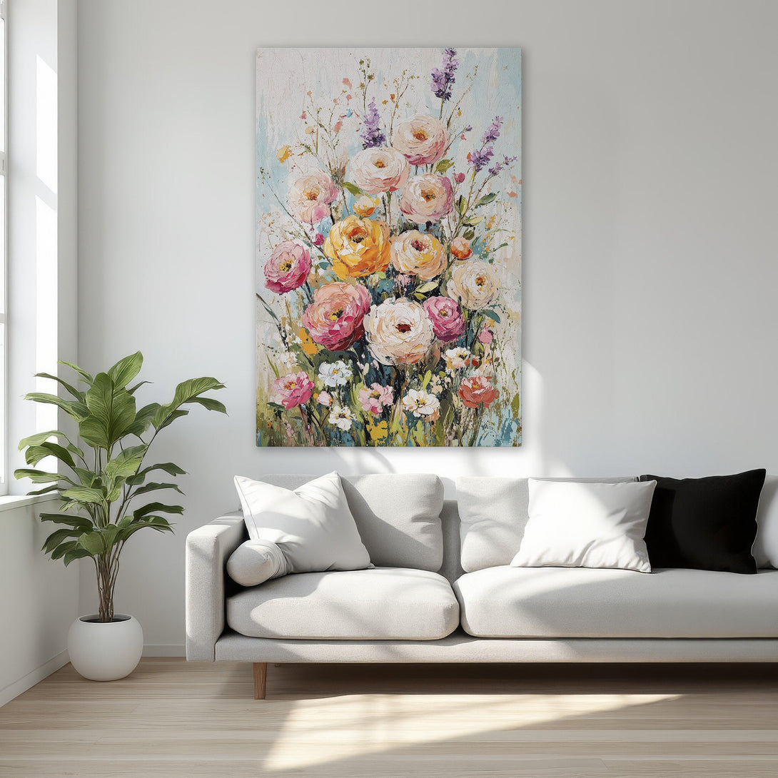 Framed Wall Art: Floral canvas print in a bedroom. Featuring a vibrant bouquet in warm tones of pink, orange, and yellow. Adds elegance and color to any space.
