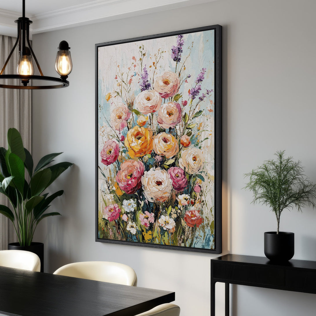 Framed Wall Art: Stunning floral canvas print in a modern interior. Features a vibrant, impressionistic style with a warm, colorful palette of pinks, yellows, and blues.