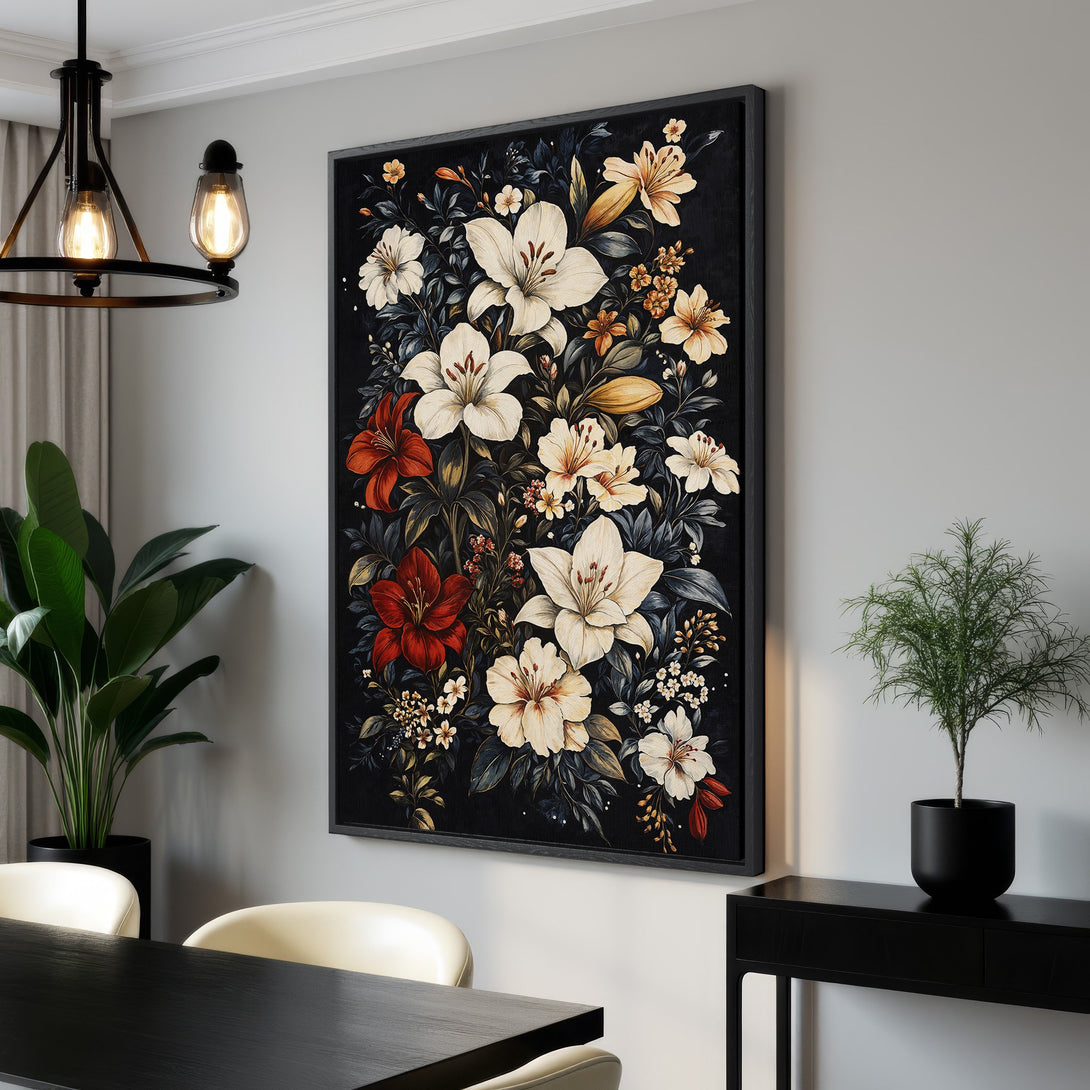 Framed Wall Art featuring a floral arrangement in a dark, moody style. Elegant canvas print with a black background and a warm, neutral color palette. Perfect for home decor.