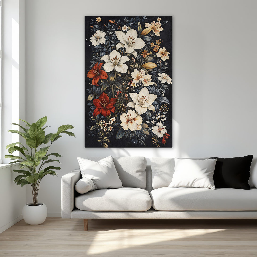 Framed Wall Art: Elegant floral Canvas Print with white lilies, red accents, and dark background. Adds a touch of sophistication to any bedroom.