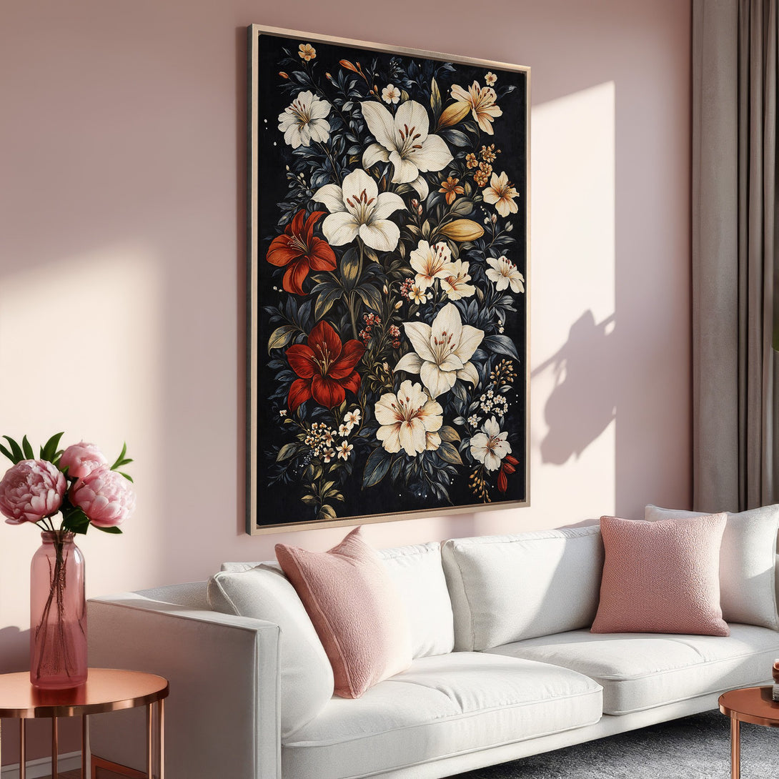 Framed Wall Art: Floral Canvas Print with black background, featuring white, red, and yellow flowers. Perfect for adding a touch of elegance to any space.