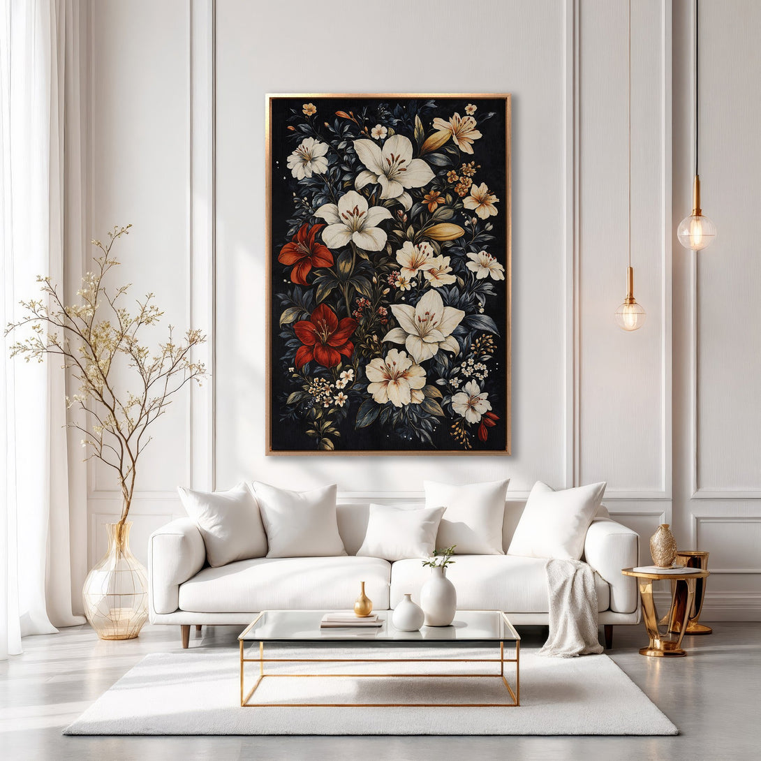 Framed Wall Art featuring a floral print with white, red, and dark blue flowers. Elegant decor for living rooms.