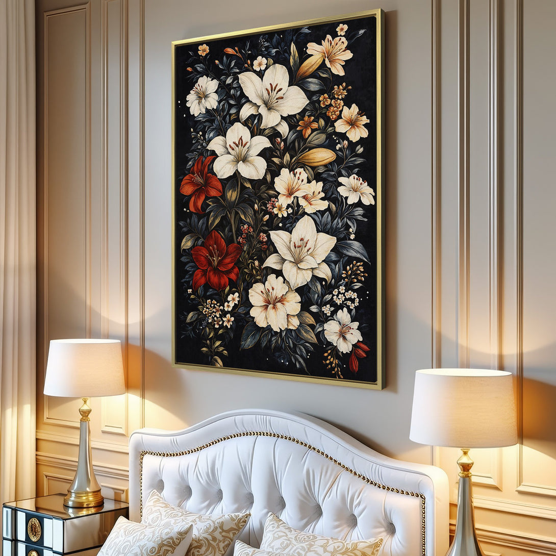 Canvas Print of a floral arrangement with white, red, and yellow flowers on a dark background. Modern wall art with a moody color palette.