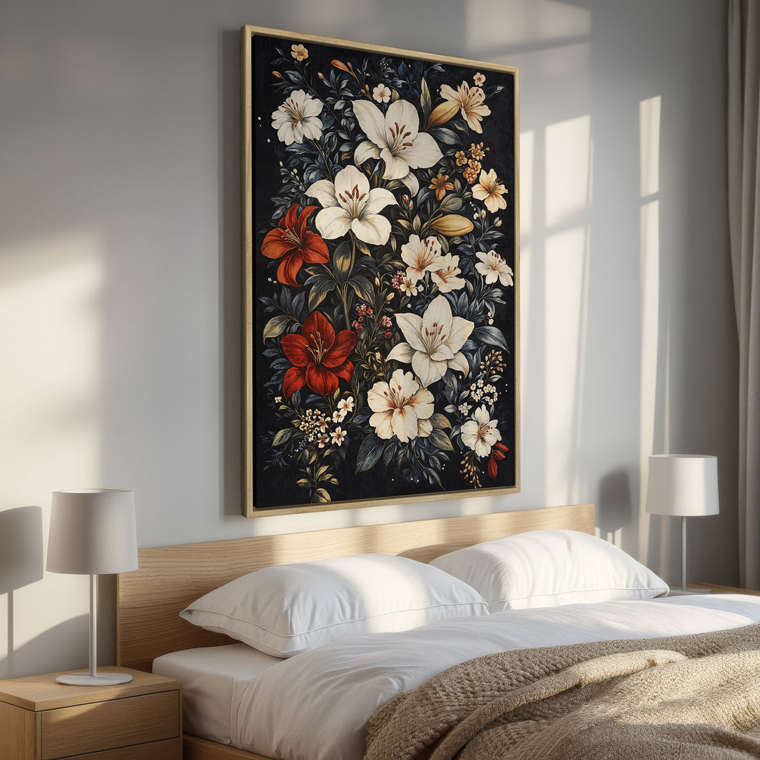 Framed Wall Art: Elegant floral canvas print featuring white, red, and cream lilies on a dark background. Perfect bedroom decor with a touch of sophistication.