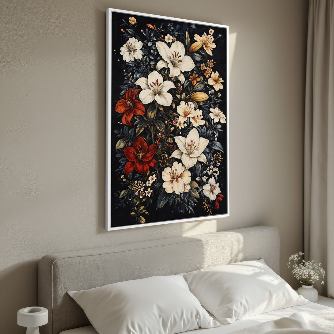 Framed Wall Art featuring a floral bouquet in a dark, moody style. Rich red, cream, and gold blooms pop against a black background. Perfect bedroom decor.