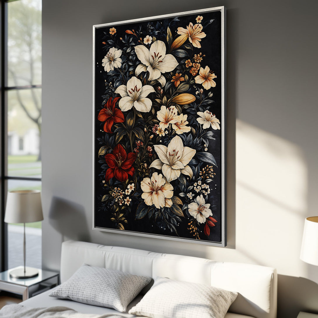 Framed Wall Art featuring a floral print with white, red, and gold blooms on a dark background. Perfect for adding elegance to any room!