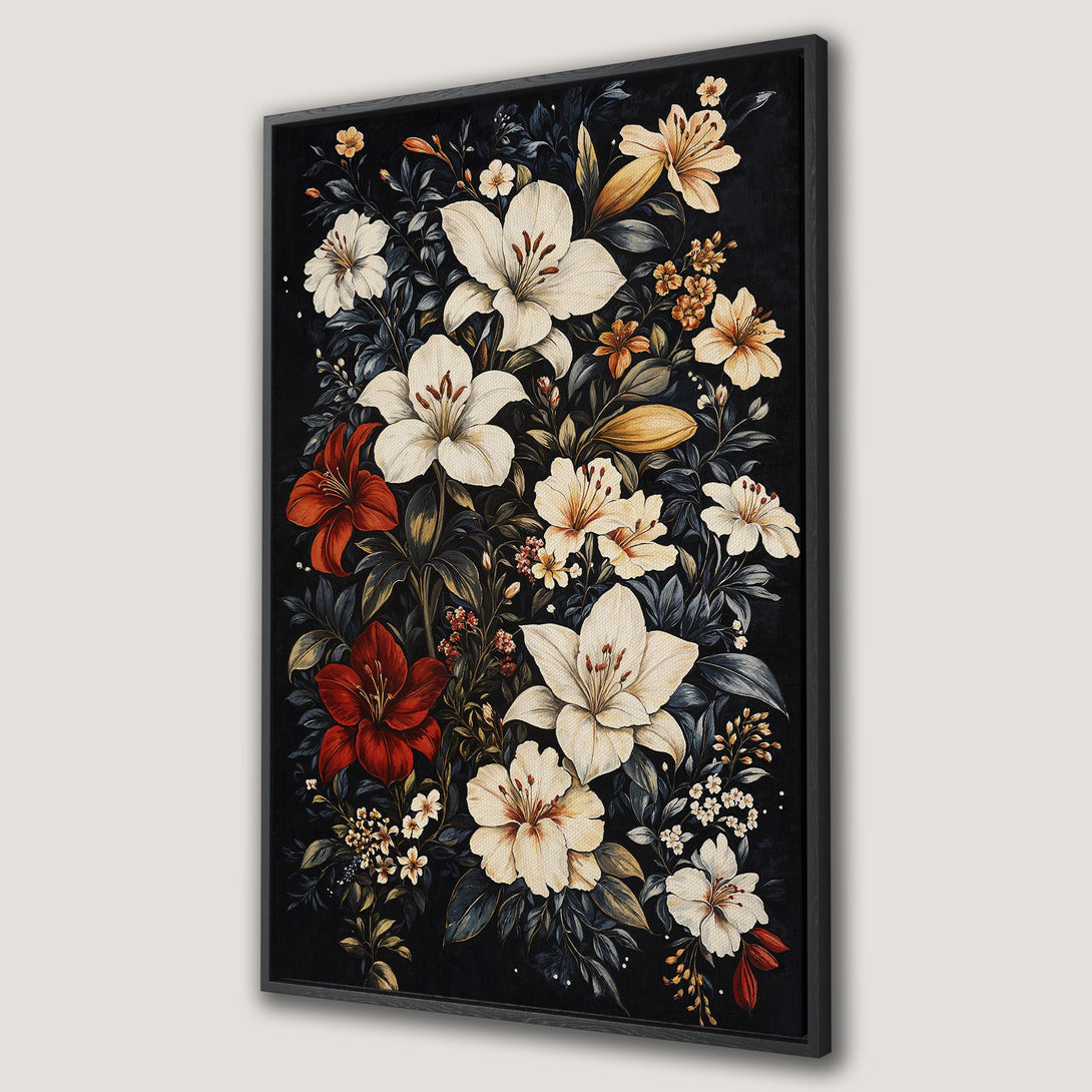 Framed Wall Art featuring a floral bouquet with white, red, and yellow flowers on a black background. Elegant botanical art for home decor.