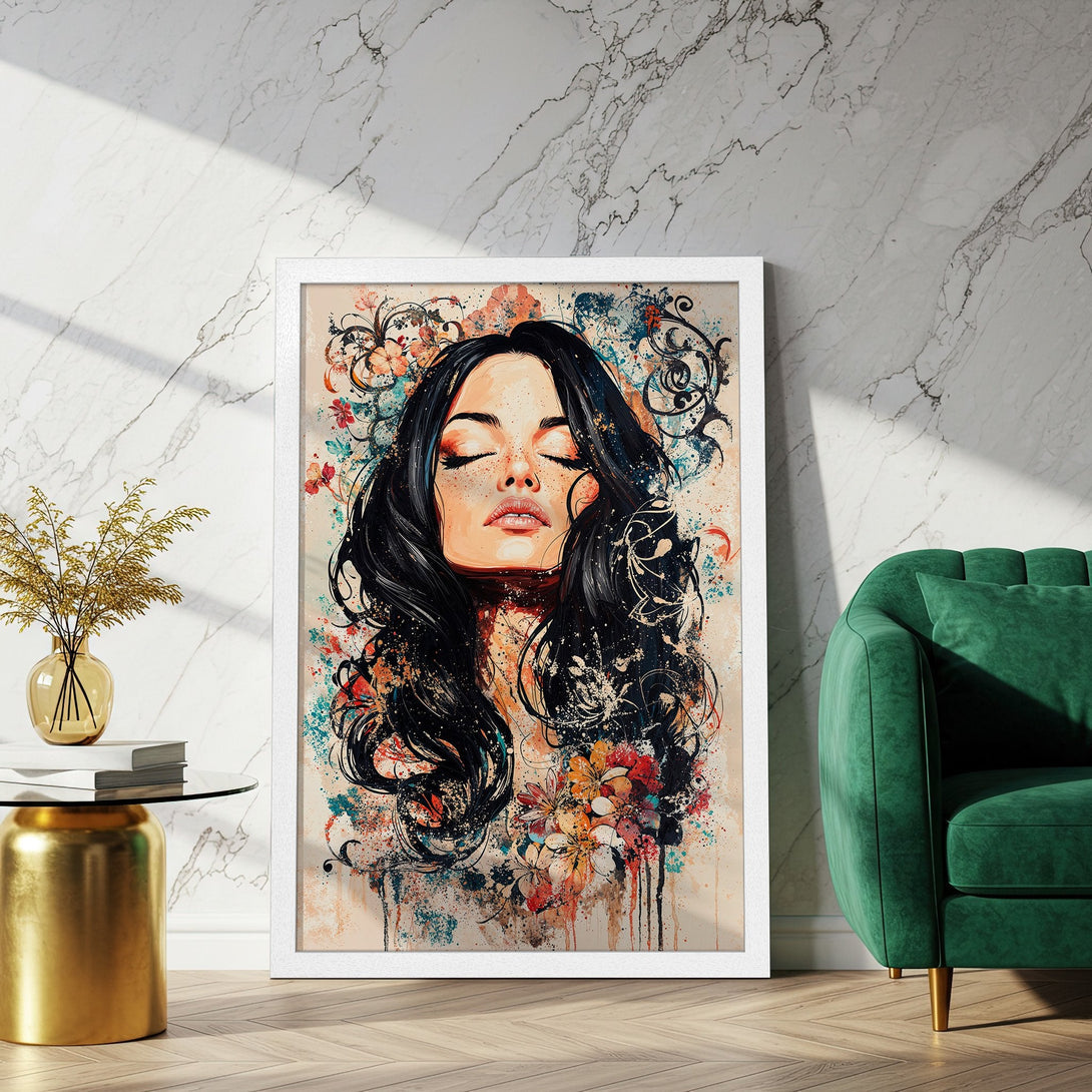 Framed Poster featuring a woman with closed eyes, artistic style, warm color palette with black, orange, and teal accents.