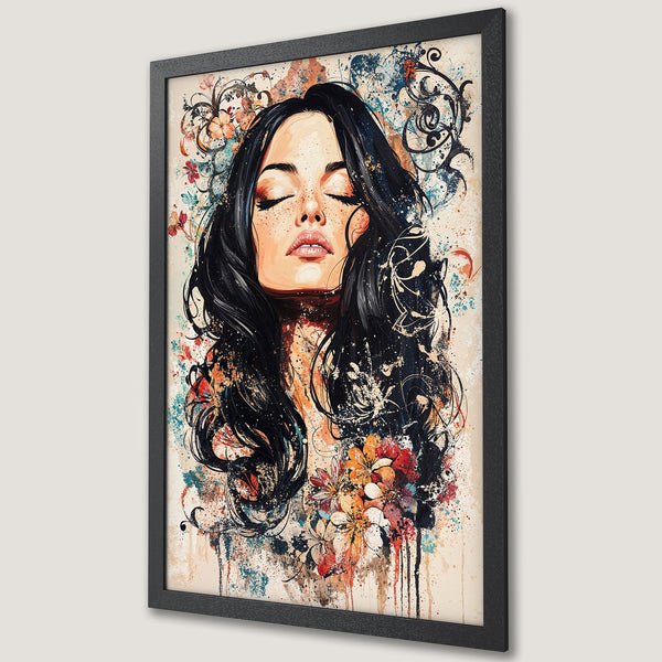 Framed Poster of a woman with closed eyes, floral accents, and black hair. Watercolor style, warm color palette.