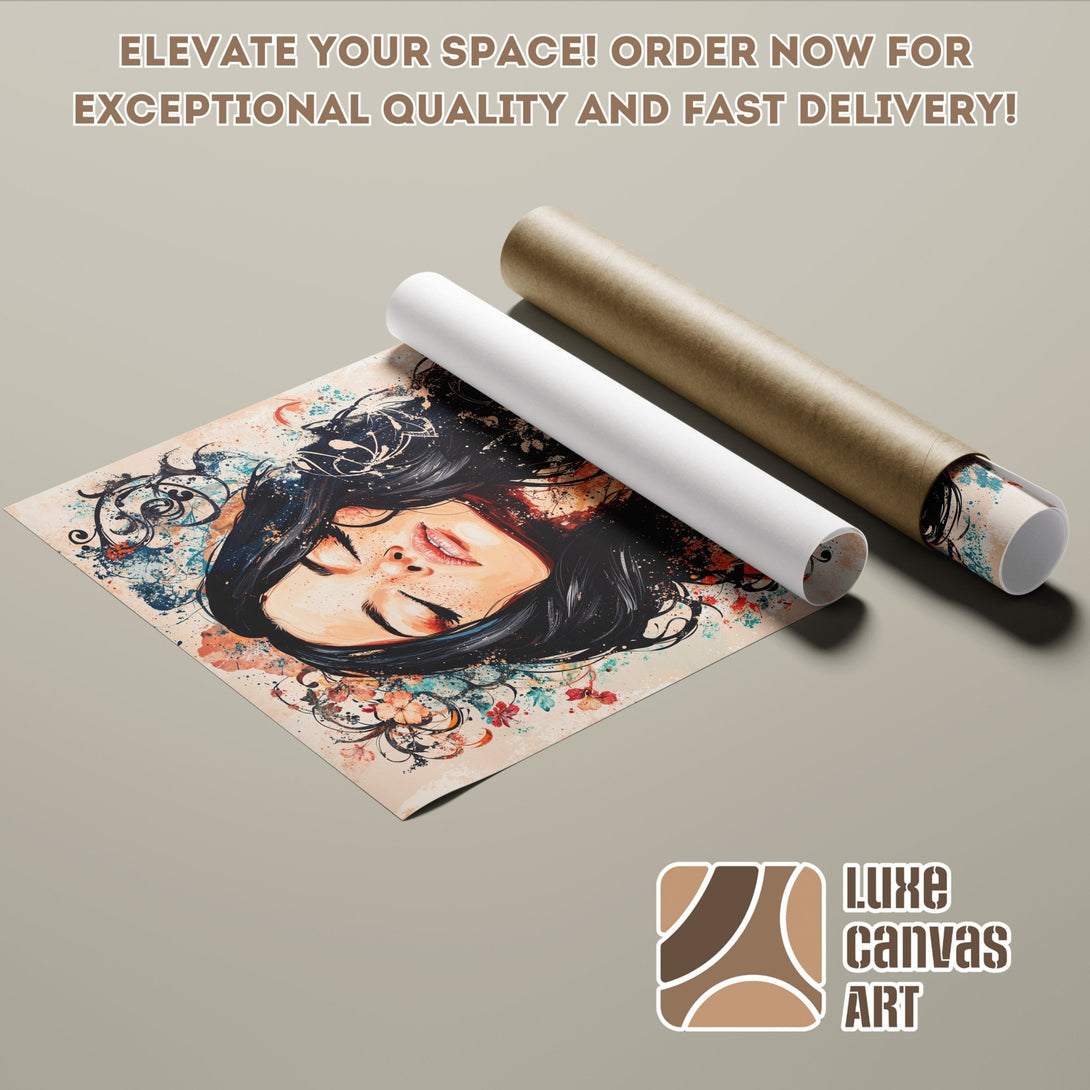 Poster Roll of a woman's portrait, artistic style with a beige, teal, and red color palette. Order your art today!