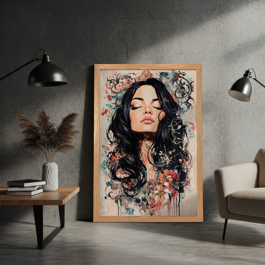 Framed Poster of a woman with floral accents, artistic style, featuring a warm neutral and colorful palette. Perfect wall art!