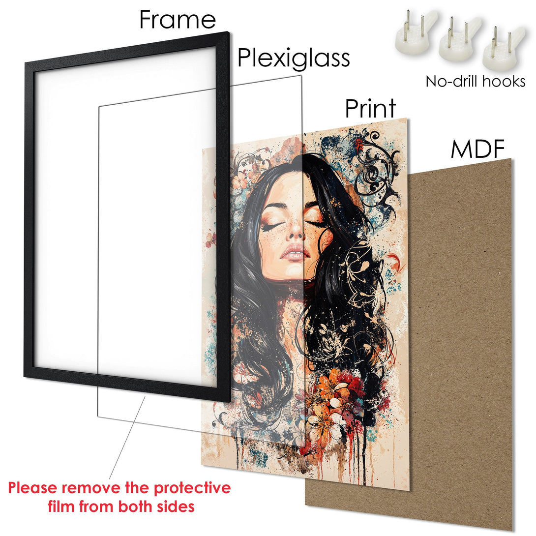 Framed Poster featuring a woman's portrait in a watercolor style with a warm color palette. Perfect wall art for any space!