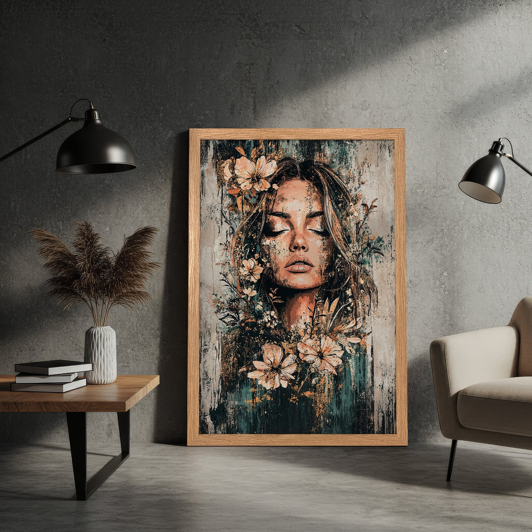 Framed Poster featuring a woman with flowers, artistic style, muted teal & peach color palette. Perfect wall art for any room!
