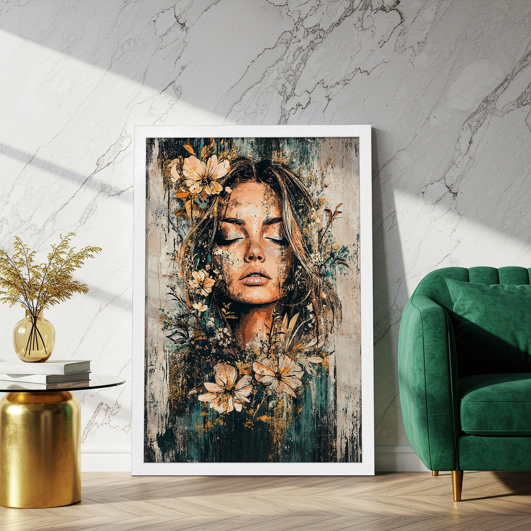 Framed Poster featuring a woman with flowers, artistic style, teal, gold, and neutral color palette. Perfect wall art.
