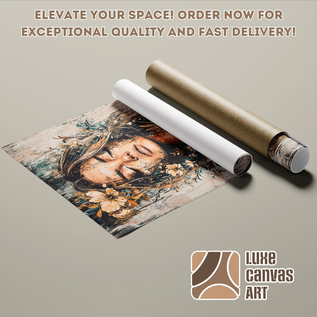 Abstract art Poster Roll featuring a woman's face, warm color palette, and floral accents. Perfect for home decor.