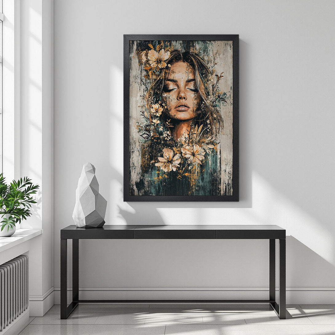 Framed Poster featuring a woman with flowers, artistic style, neutral and earthy tones. Enhance your space with this beautiful art print.