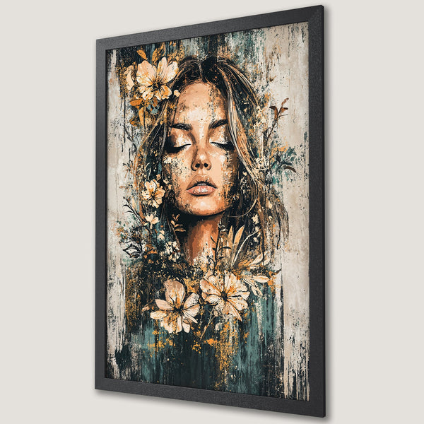 Framed Poster featuring a woman with flowers, in an abstract style with a teal, beige, and gold color palette. Perfect wall art!