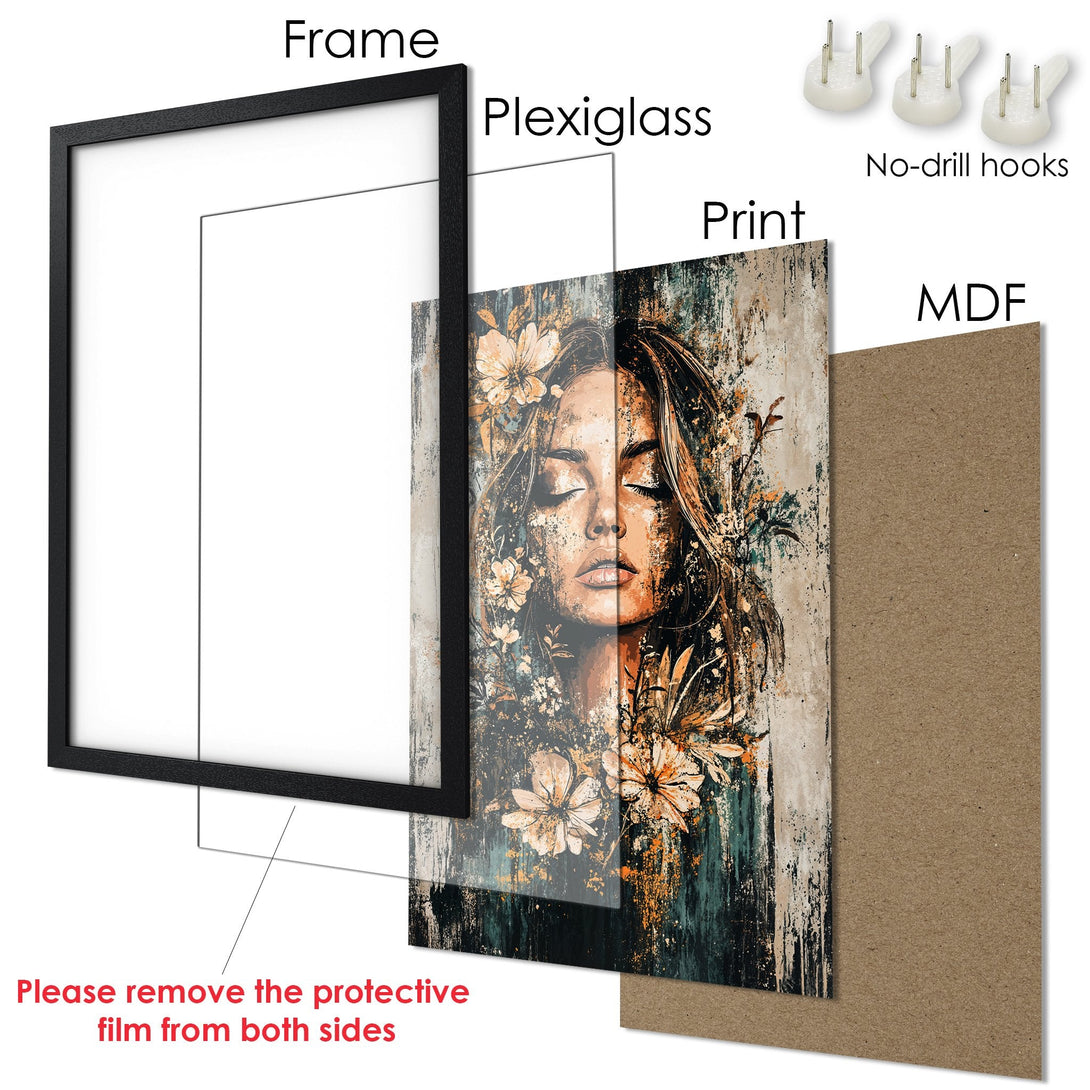 Framed Poster featuring a woman with floral elements, artistic style, warm earth tones and teal accents. Perfect wall art!