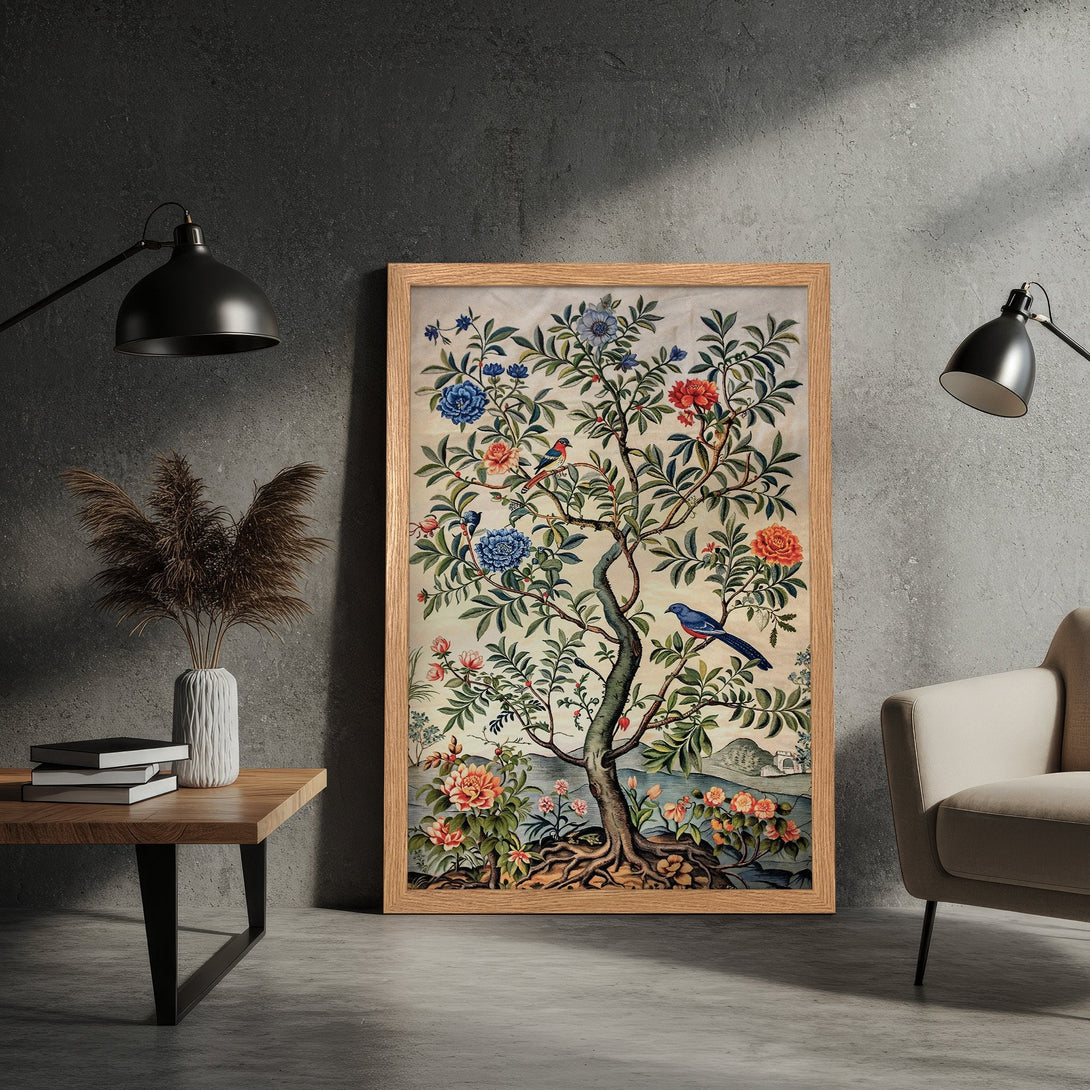 Framed Poster featuring a botanical illustration with birds, in a vintage style, showcasing a warm color palette.