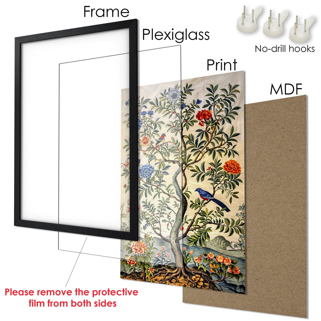 Framed Poster: Vintage floral art print with birds. Featuring a black frame, neutral tones, and pops of red and blue. Perfect wall decor!