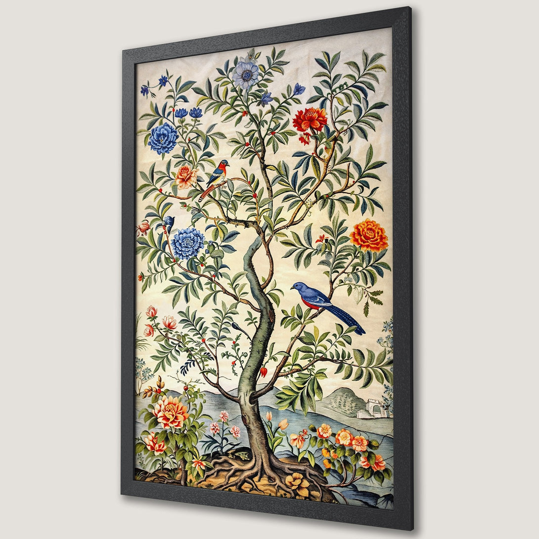 Framed Poster of a vibrant tree with birds and flowers. Vintage style, featuring a warm, colorful palette. Perfect wall art!