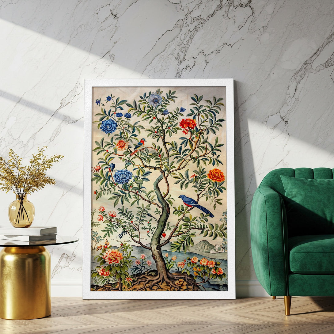 Framed Poster featuring a vibrant tree with birds, in an antique botanical style, showcasing a colorful palette of blues, oranges, and greens.