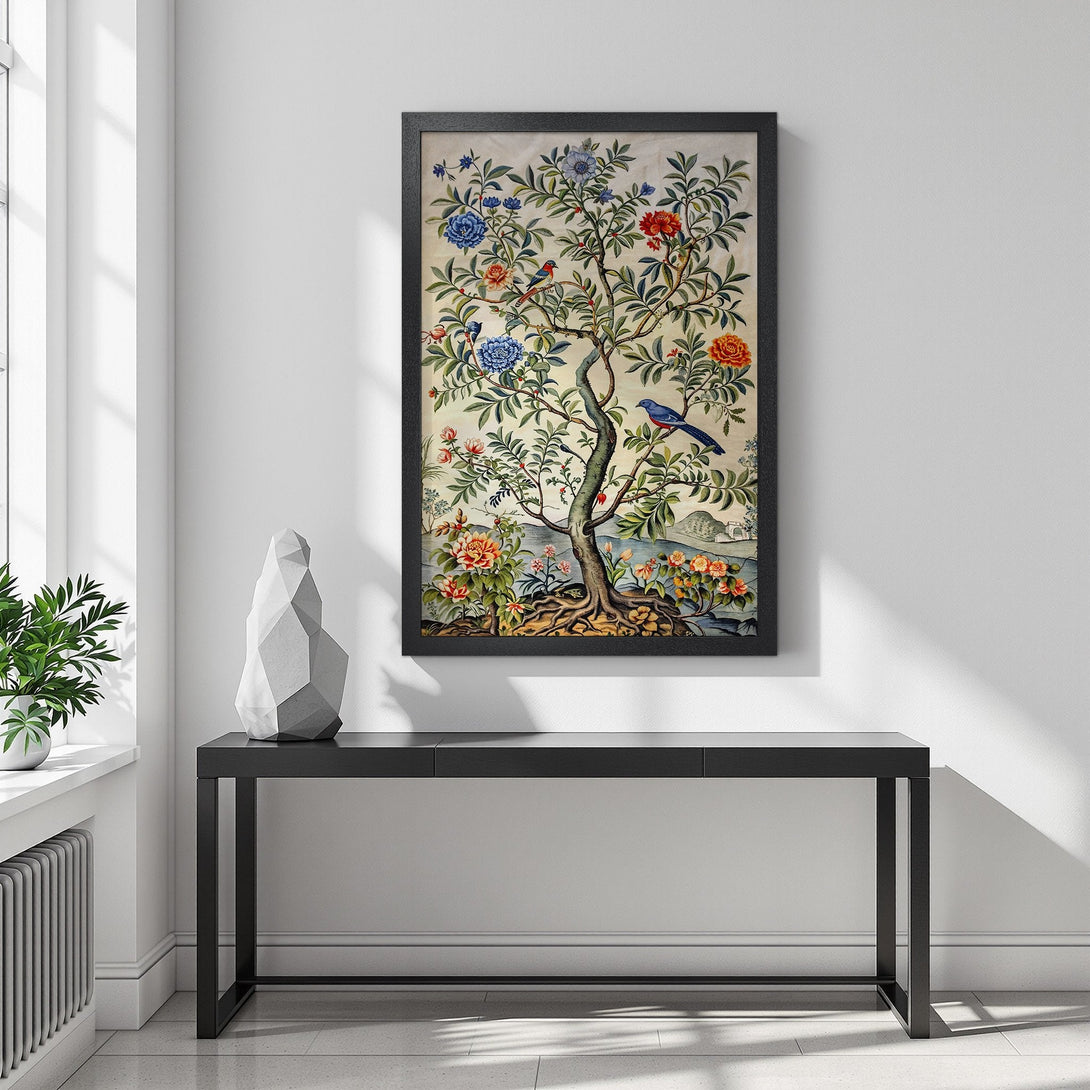 Framed Poster featuring a vibrant tree with birds and flowers, in a vintage style with a warm, colorful palette.