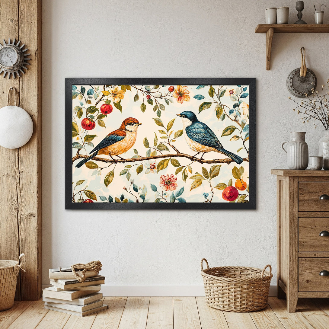 Framed Poster featuring watercolor birds on a branch. Soft, pastel color palette, perfect for adding a touch of nature to your home decor.