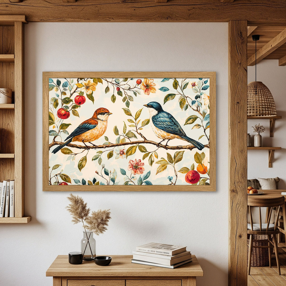 Framed Poster featuring watercolor birds on a branch. Soft, warm color palette perfect for home decor. Shop now!