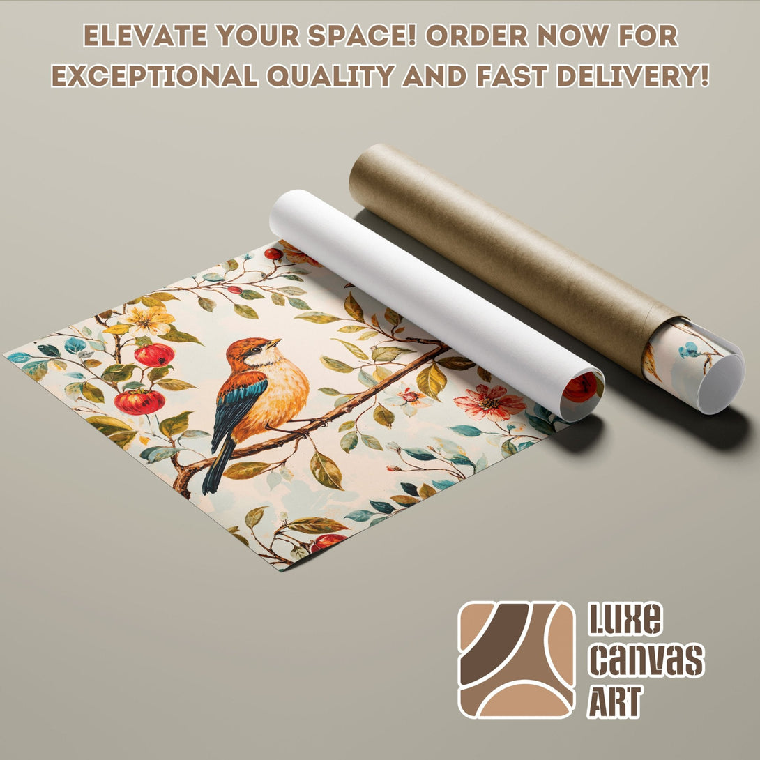 Bird Poster Roll, vintage style, warm color palette, perfect for home decor.