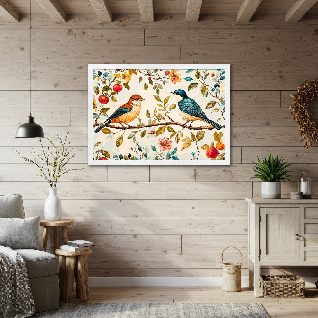 Framed Poster featuring watercolor birds on a branch. Soft, warm color palette perfect for adding a touch of nature and art to your home decor.