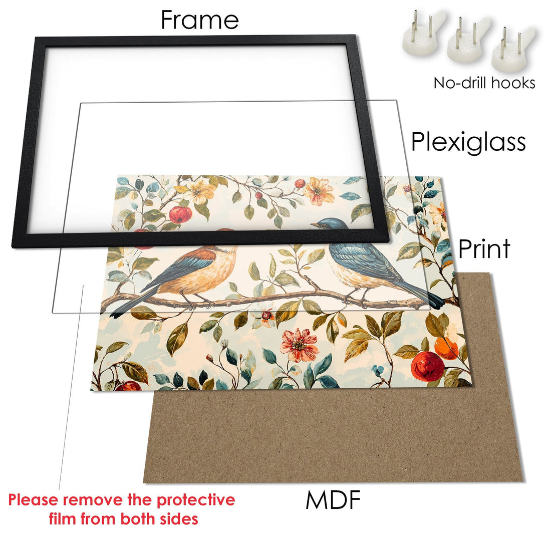 Framed Poster featuring birds & floral art, vintage style with warm, muted colors. Perfect wall decor!