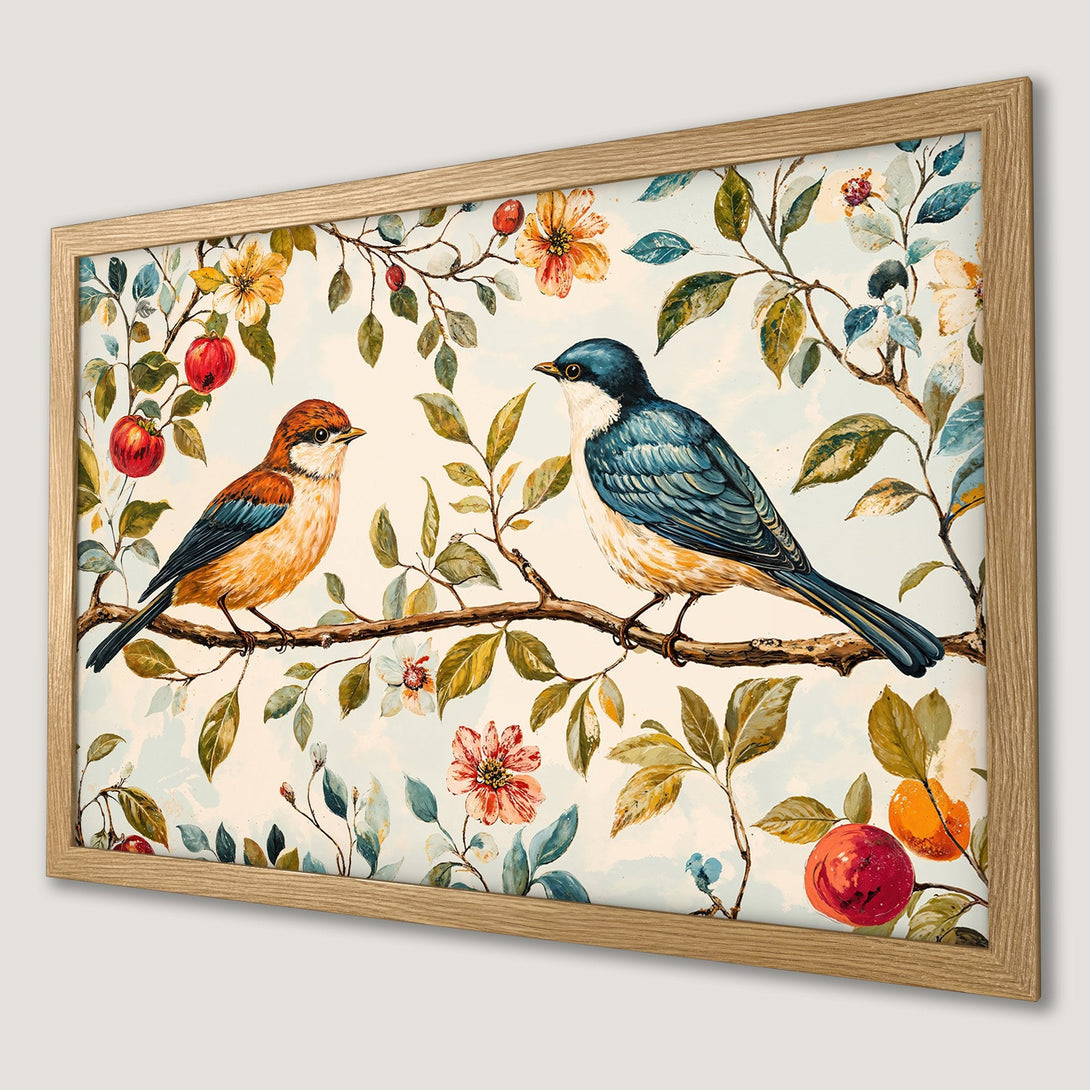 Framed Poster featuring watercolor birds on a branch. Soft, pastel color palette with floral and botanical elements. Perfect wall art!