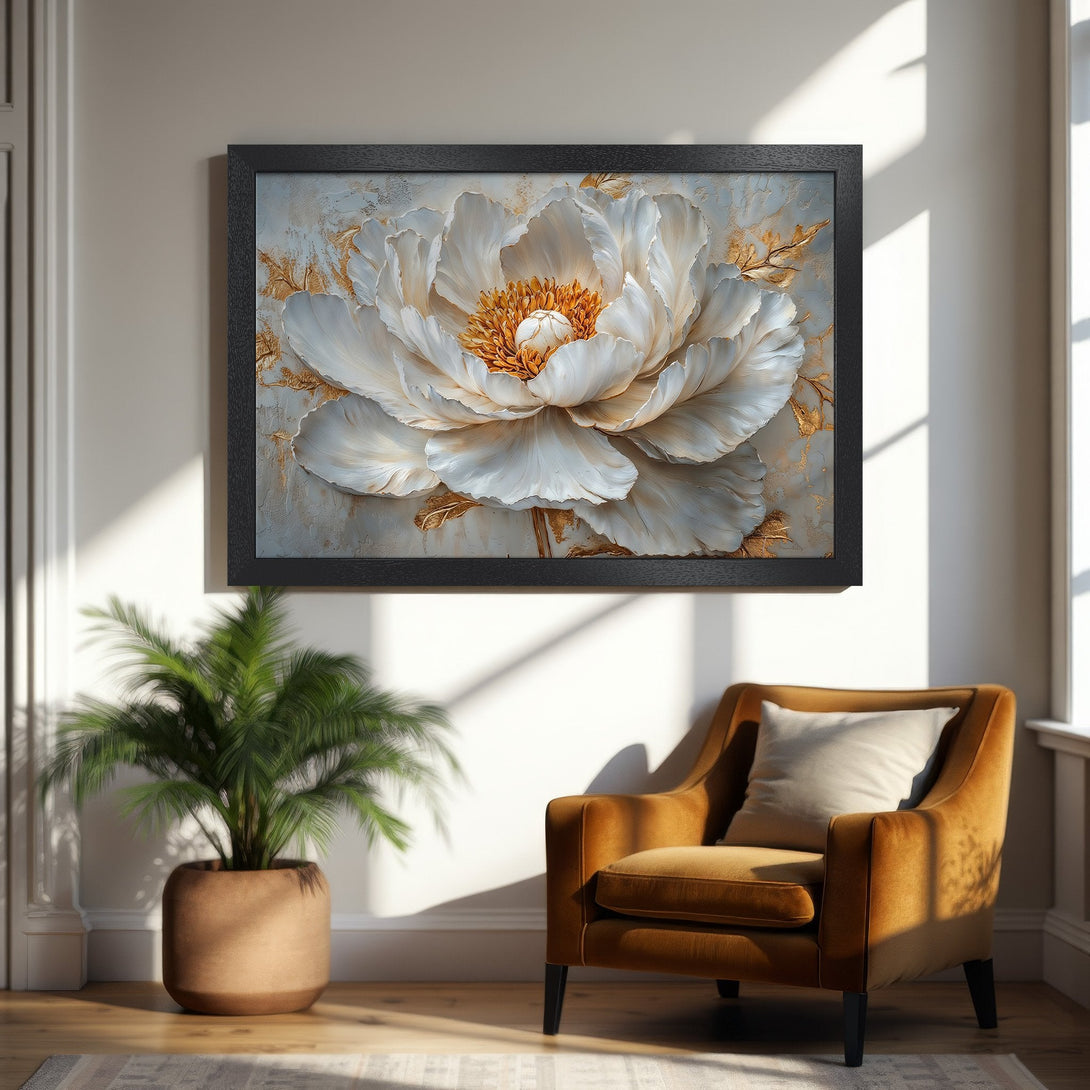 Framed Poster featuring a stunning white peony flower art print with gold accents. Elegant, textured style, neutral & warm color palette.