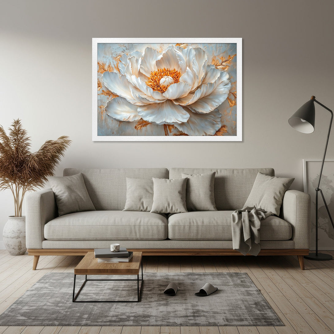 Framed Poster of a stunning white and gold floral design. Modern art style, perfect for adding elegance to any space.