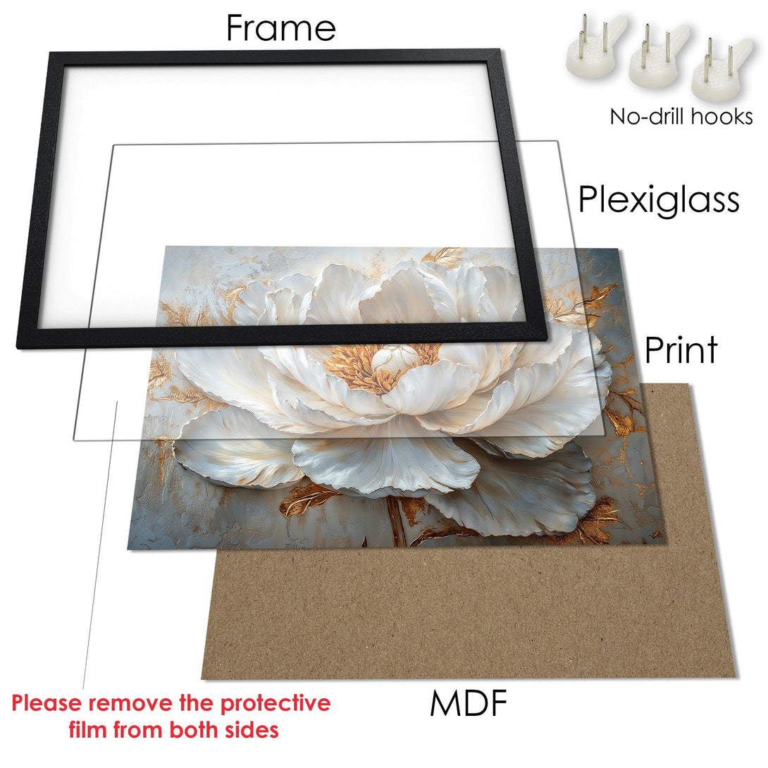 Framed Poster featuring a white floral design in a modern style with a neutral color palette. Perfect for adding elegance to any space.