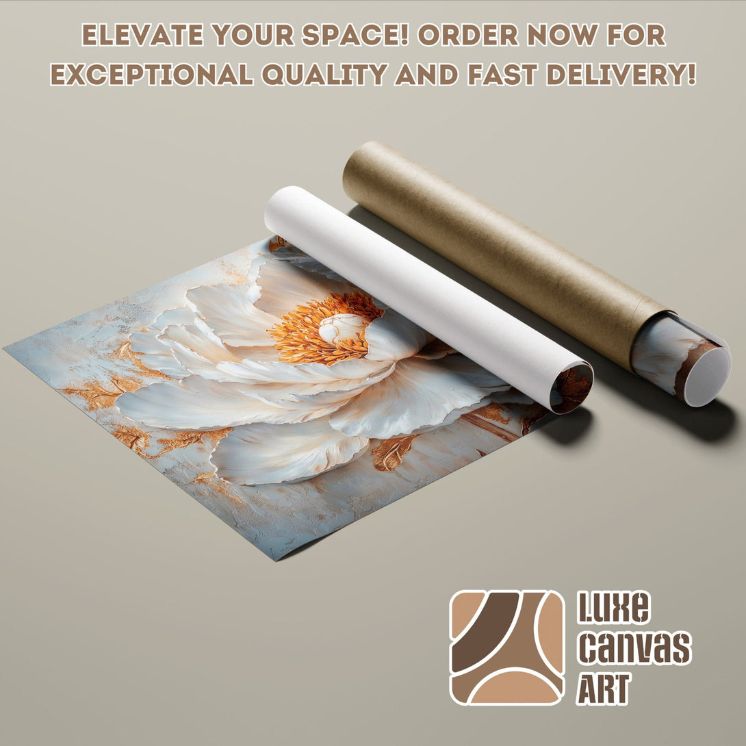 Poster Roll featuring a floral art print in white, gold, and blue tones. Elevate your space!